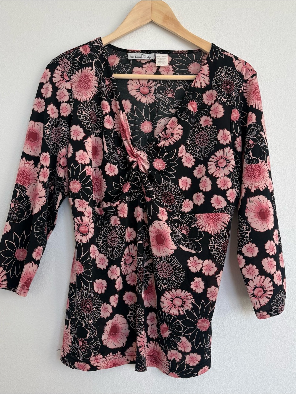 Y2K Floral Twist Front V-Neck Blouse Pink Black 3/4 Sleeve Women’s Large